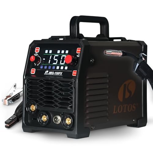 LOTOS OPTIMA 150A MIG Welder, 3-in-1 Synergic MIG Flux Core/MMA/TIG Welding Machine, 120V Portable IGBT Inverter with Large LED Display, 2T/4T/Spot Modes, Wire Feed 0.030