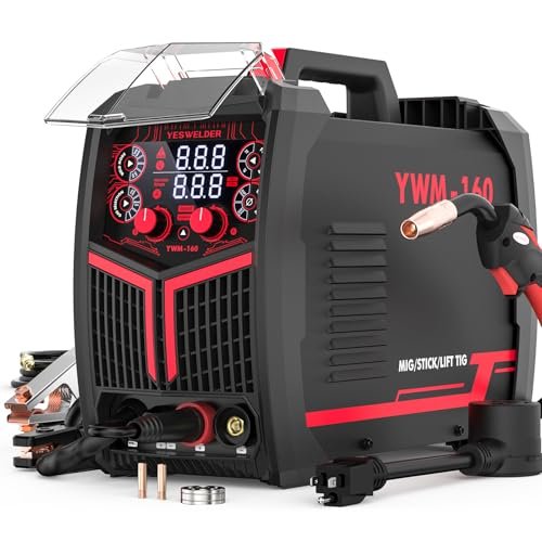 YESWELDER 160A MIG Welder, 110V/220V Dual Voltage, 4 in 1 Gas MIG/Flux Core MIG/Lift TIG/Stick Multiprocess Large LED Digital Display MIG Welding Machine
