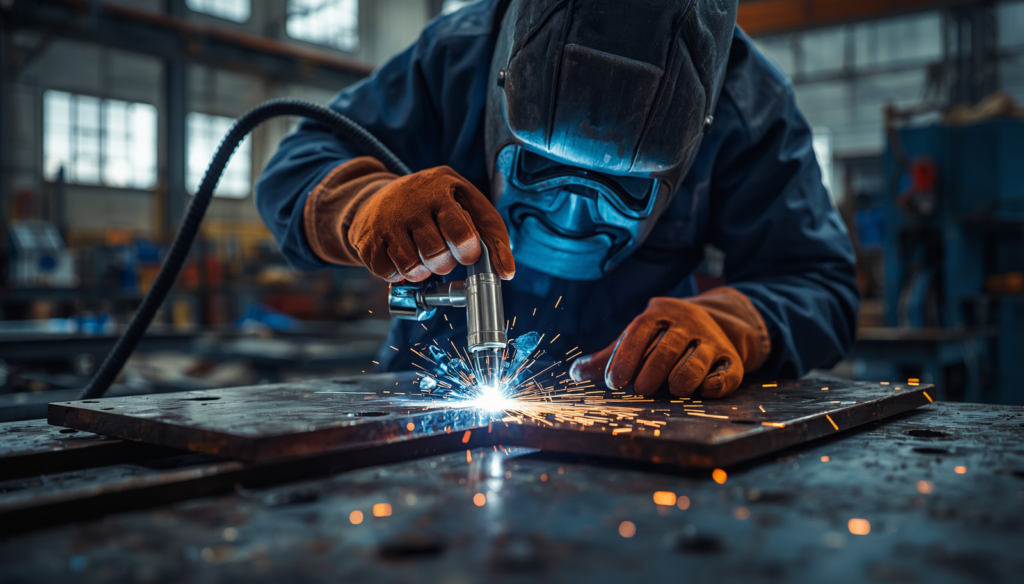 Technician performing resistance spot welding on metal sheets in an industrial workshop