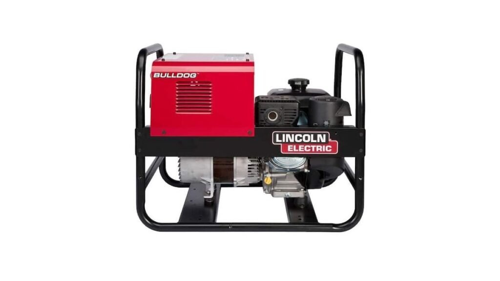 Portable gas powered welder with fuel tank and wheels in a garage workshop