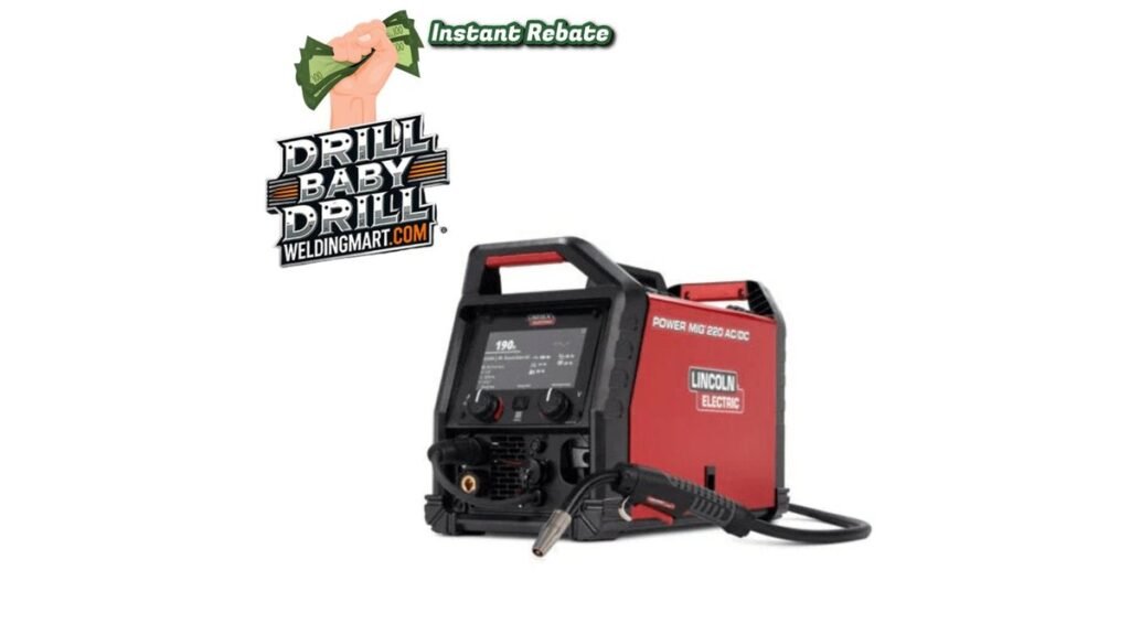 Portable multi process welder with cables and helmet on a garage floor
